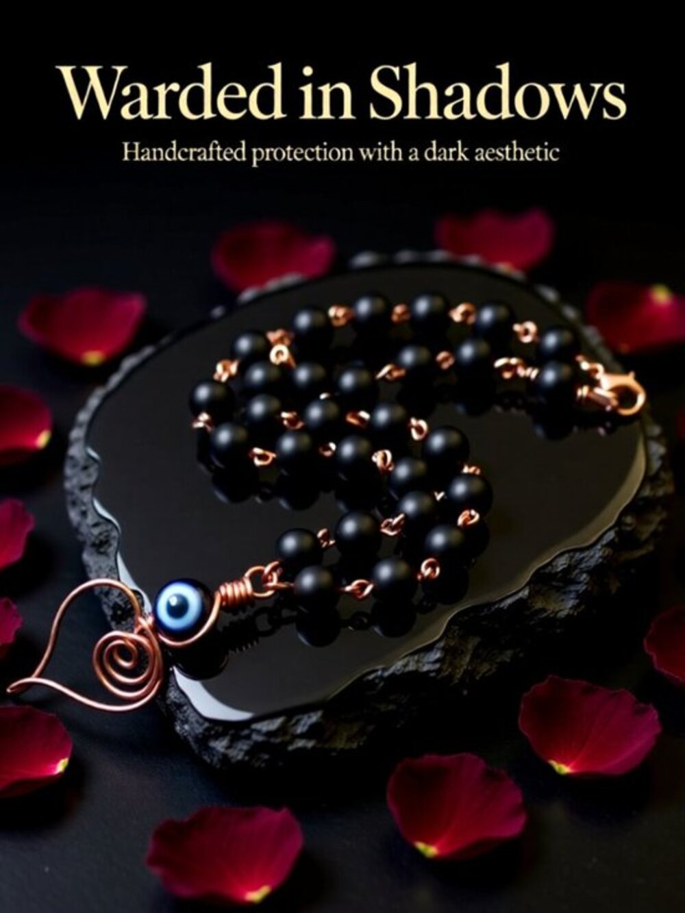Handmade & Unique! Wire Wrapped Heart Necklace ~ Black Stone + Copper ~ Evil Eye